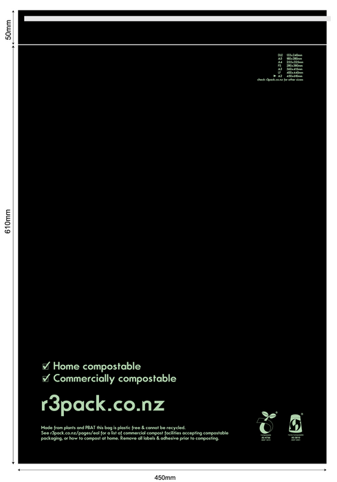 Compostable Courier Bag Black COMBA2 450x610mm + Flap 100/pkt