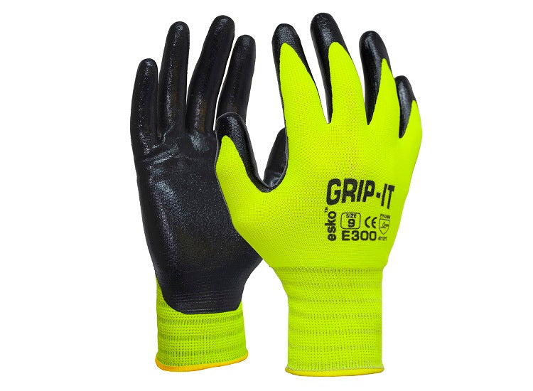 Esko E300 Grip It Gloves Black Nitrile Palm Coated With Yellow Hi Viz Liner Size 10 (XL)