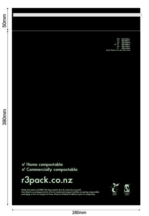 Compostable Courier Bag Black COMBFS 280x380mm + Flap 100/Pkt