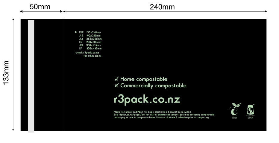 Compostable Courier Bag (Black)  E11 DLE 130X240 + Flap 100/pkt