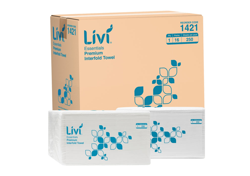 Livi Essentials Premium Interfold Towel 1ply 225mm x 215mm 250 sheets/pkt 16 pkts/ctn 27 ctns/pallet