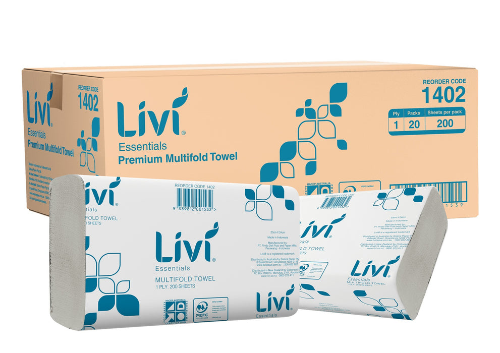 Livi Essentials 1402 Premium Slimfold Towels 23x22cm 1ply White 200 sheets/pkt 20 pkts/ctn 30 ctns/pallet