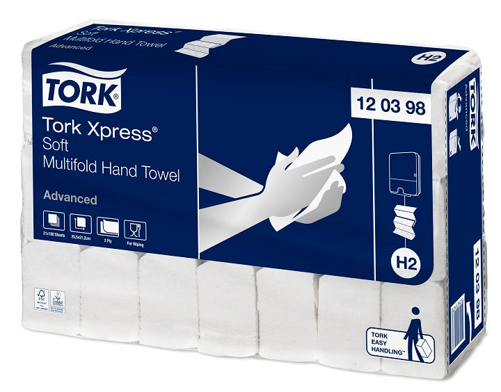 Tork 120398 100% Recycled Advanced Hand Towel Interfold Soft White H2 2 ply 25.5x21cm 180/pkt 21 pkts/ctn