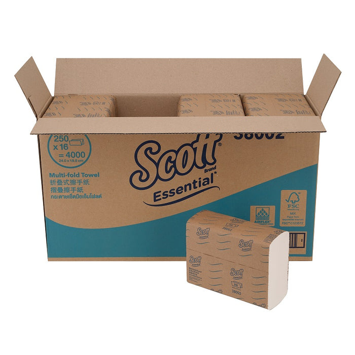 Scott Essential 38002 Multifold Towels 24x19.5cm White 250/pkt 16 pkts/ctn (Disp: 58070220) FSC Certified