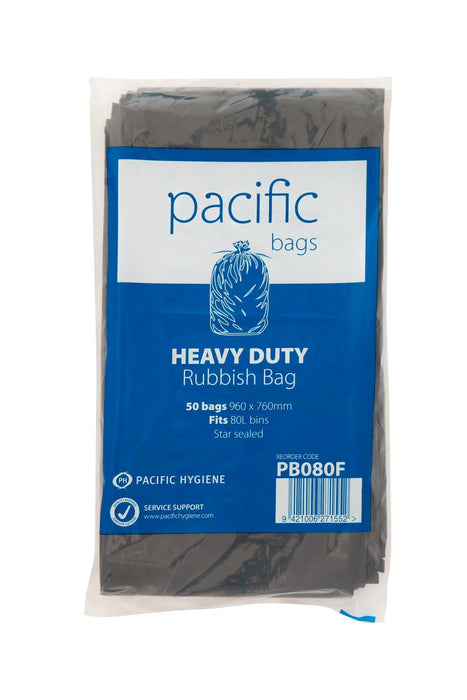 Pacific PB080F Rubbish Bags 960x760mm 33mu Black (Special Additive Gives 40mu Strength) 50/pkt 5 pkts/ctn