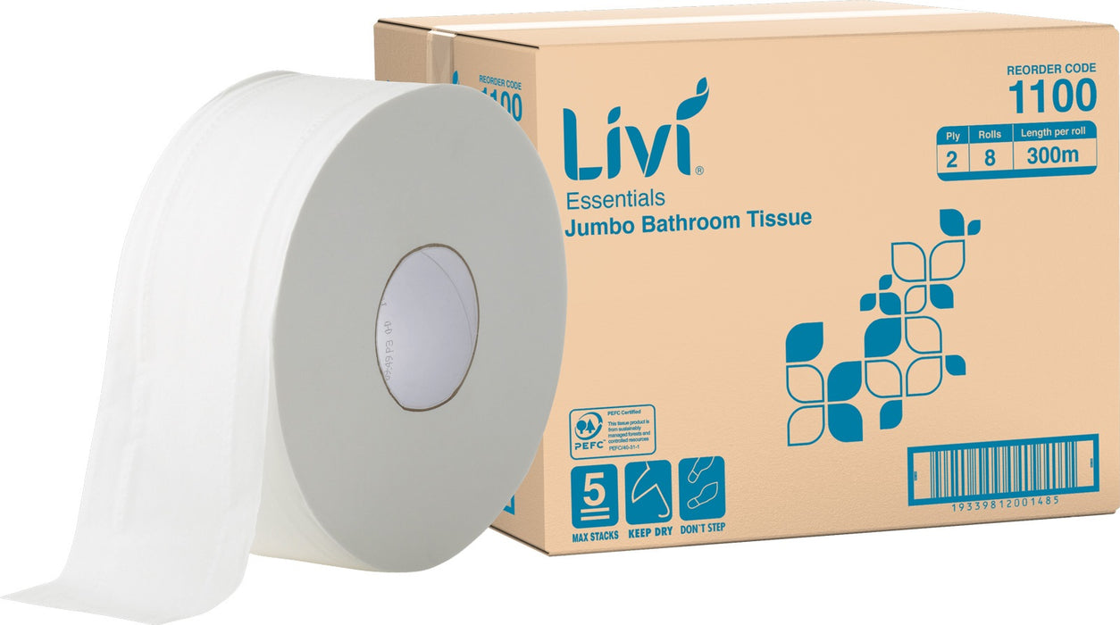 Livi Essentials Jumbo Roll Toilet Tissue 2 ply 300m/roll 8 rolls/ctn 40 cartons/pallet