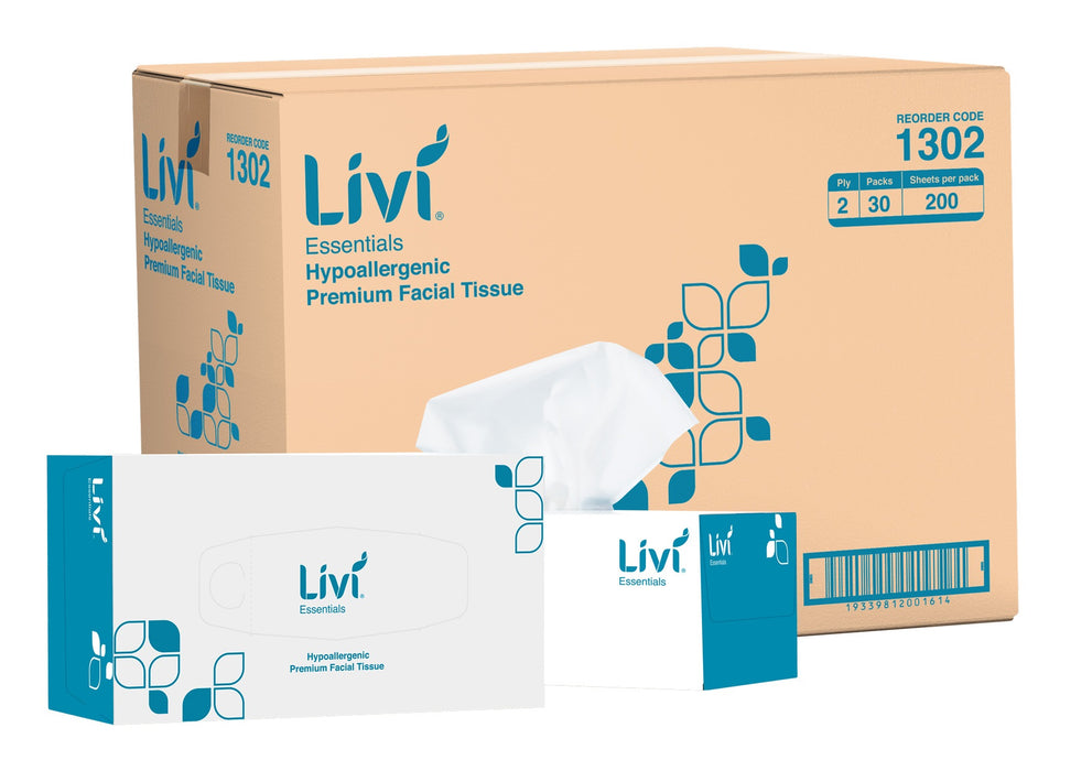 Livi Essentials 1302 Premium Facial Tissue 2 ply 205x200mm 200 sheets/pkt 30 pkts/ctn 24ctns/plt
