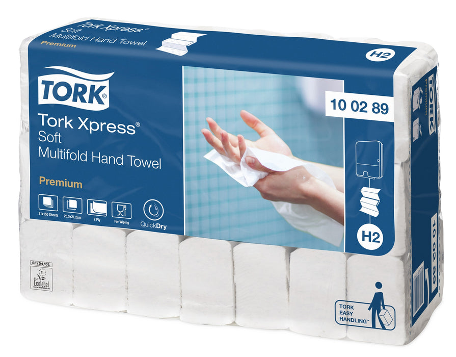 Tork 100289 Premium Hand Towel Interfold White H2 25x21cm 150 sheets/pkt 21 pkts/ctn