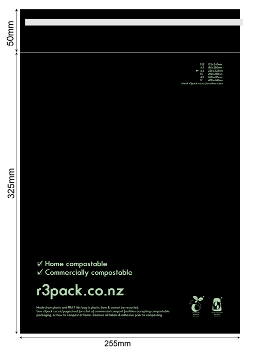 Compostable Courier Bag (Black) E40 255x325 +Flap 100/pkt