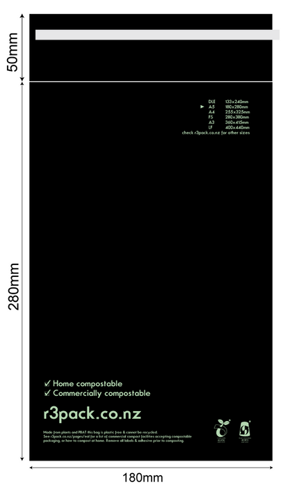 Compostable Courier Bag (Black) E20 A5 180x280 +Flap 100/pkt