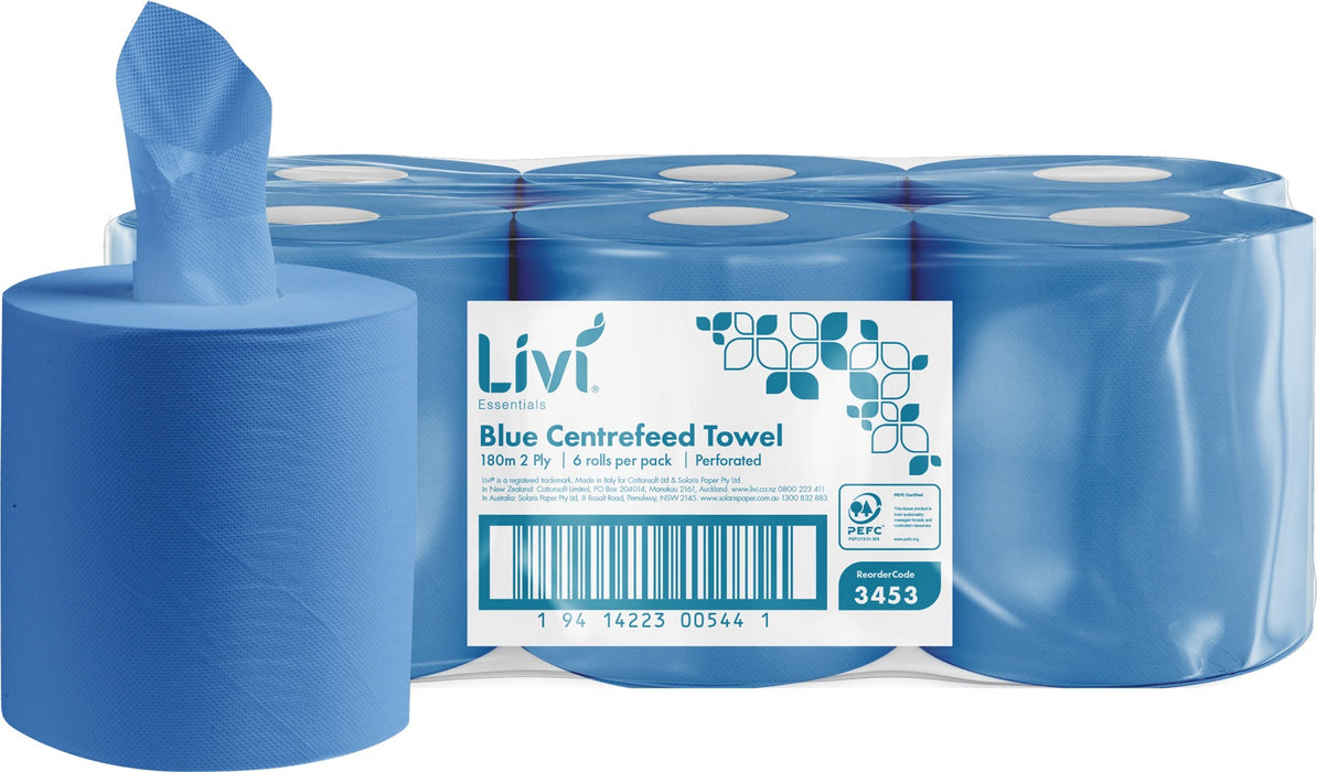 Livi 3453 Essentials Blue Centrefeed Towel 2 Ply 180m/roll 6 rolls/ctn 30 ctns/plt (Disp. DUR1)