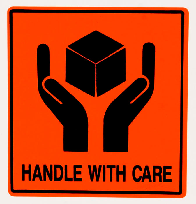 Paper Shipping Labels "Handle With Care" 100x100mm Black On Red 500/roll