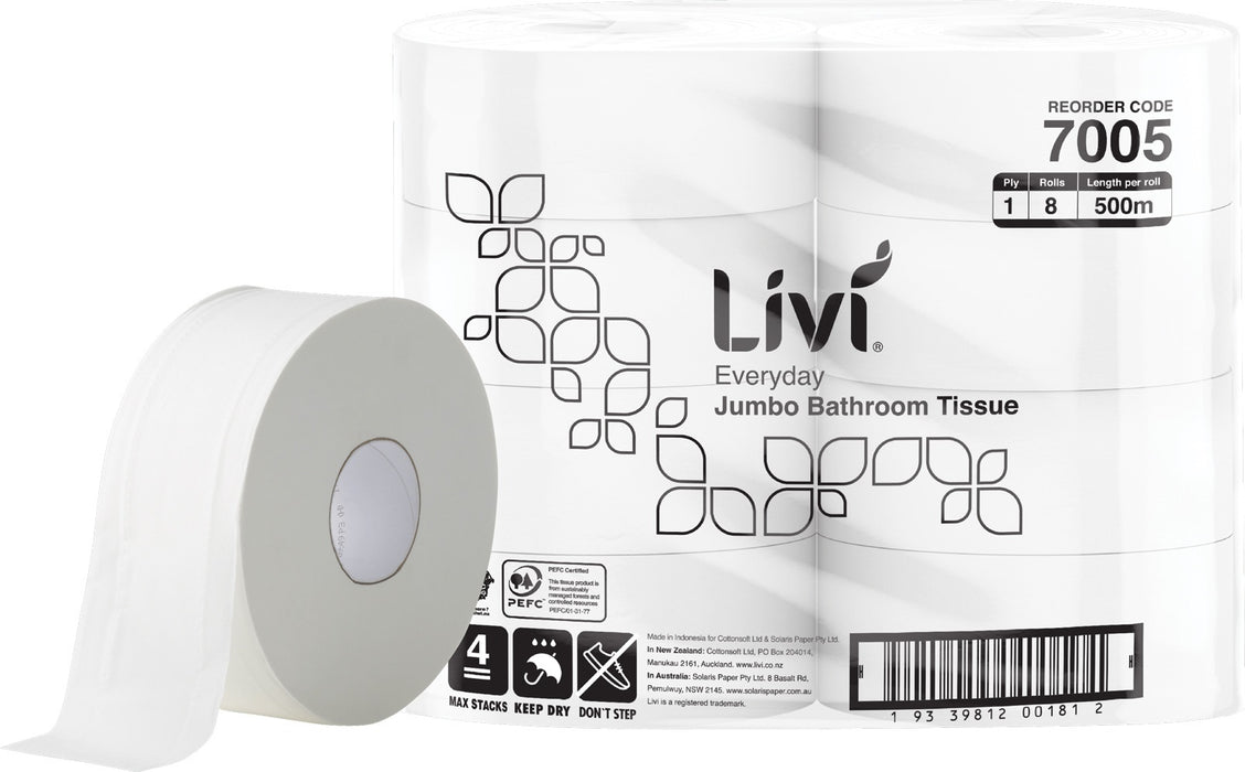 Livi Basics Virgin Jumbo 1 ply Toilet Rolls 500m/roll 8 rolls/ctn 40 ctns/pallet