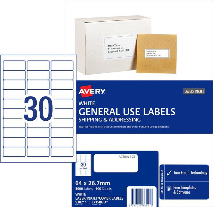 Avery L7158 Quick Peel Laser Labels  30 labels/sheet 100 sheets/pkt