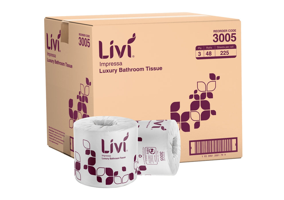 Livi 3005 Impressa Luxury Bathroom Tissue Embossed 3 ply 225 sheets/roll 48 rolls/ctn 24 ctns/pallet