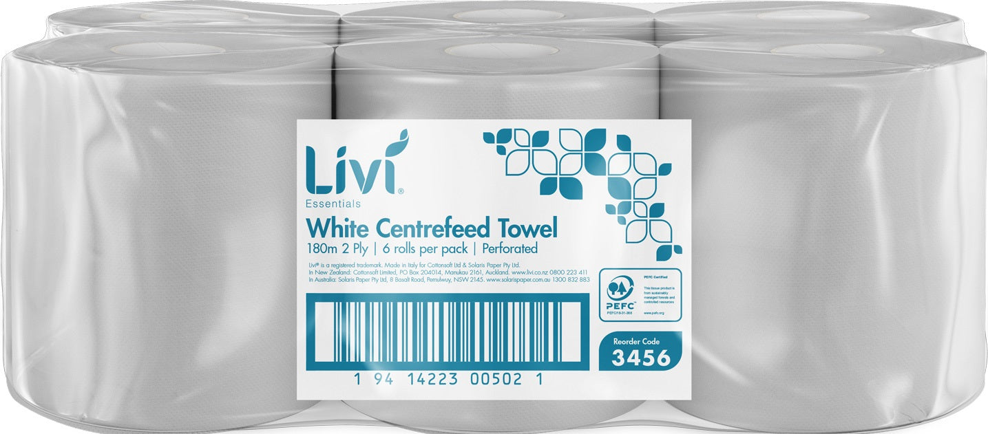 Gracefield 3456  Essentials Premium Classic Centrefeed White Towel 2 ply 210x370mm 180m/roll 6 rolls/ctn 30 ctns/pallet