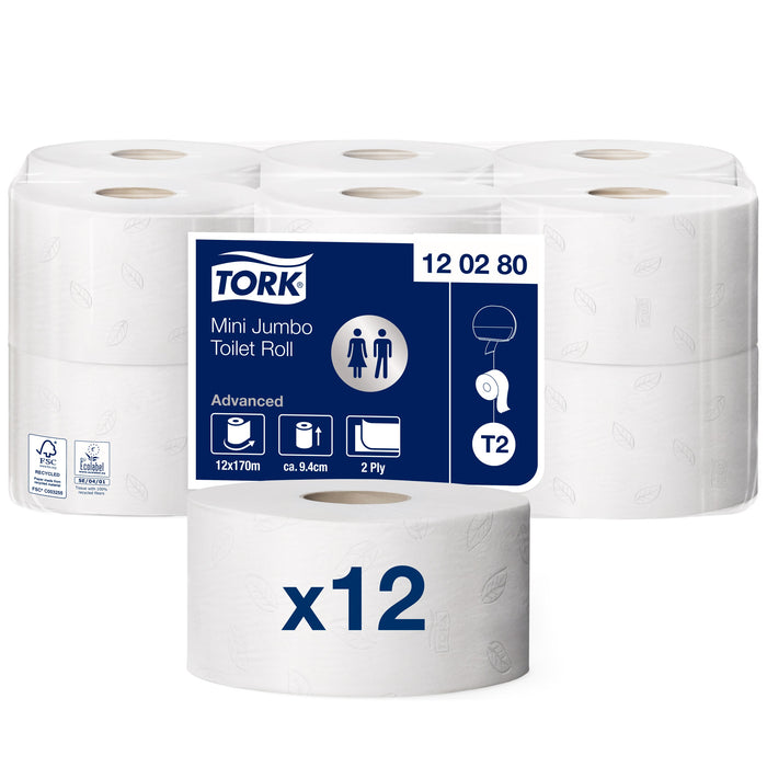 Tork 120280 Advanced Mini Jumbo Toilet Rolls 170m 2ply 12/ctn (Dispenser: 480555000)