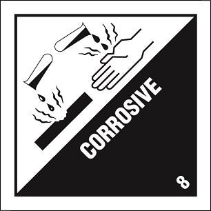 Paper DG Labels "Corrosive 8" 100x100mm Black On White 500/roll