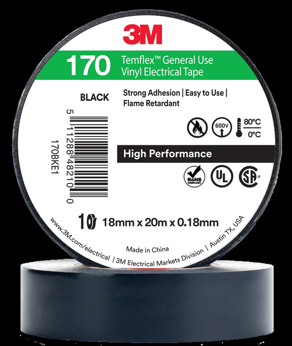 TEMFLEX 170 BLACK TAPE 18MM X 20M 10 RLS/PACK 10 PACK/CTN