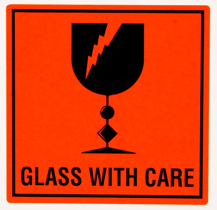 Paper Shipping Labels "Glass With Care" 100x100mm Black On Fluoro Red 500/roll
