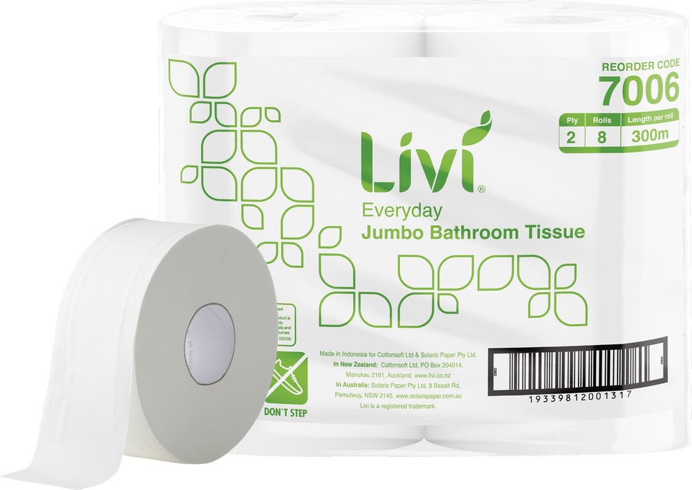 Livi Everyday Jumbo Roll Toilet Tissue 2 ply 300m/roll 8 rolls/ctn 40 ctns/pallet (480D820 disp)