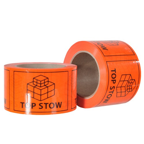 Ripstik Plastic Shipping Labels "Top Stow" 100x72mm Black on Fluoro Orange 660/roll 24/ctn