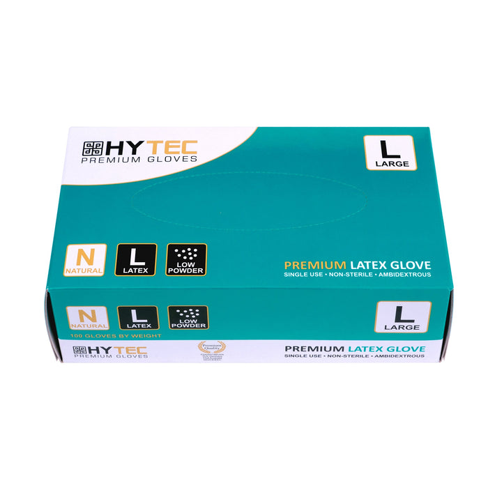 Hytec Natural Latex Gloves, Low Powder Large 100/pkt 10 pkts/ctn