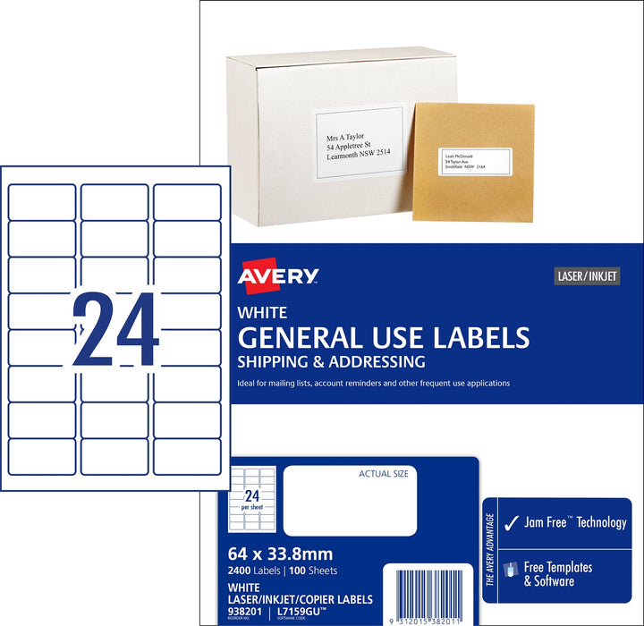 Avery L7159 General Use A4 Labels (238335) 24 labels/sheet 100 sheets/pkt 5 pkts/ctn