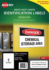 Avery L7068 Heavy Duty ID Label White 199.6x143.5mm 2 Up 25sheets/pkt