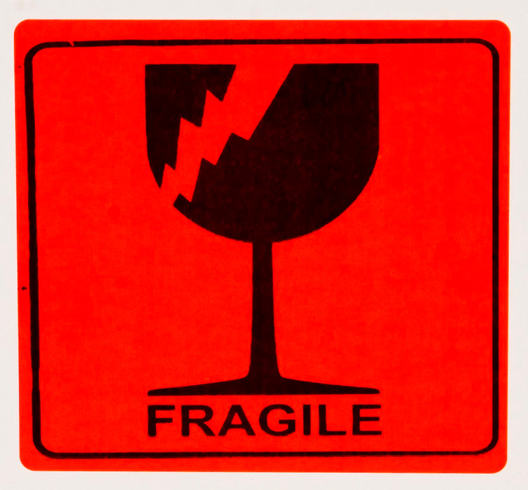 Paper Shipping Labels "Fragile" 100x100mm 500/roll Black On Fluoro Red