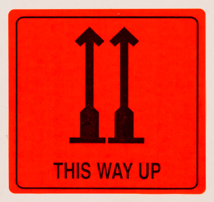 Paper Shipping Labels "This Way Up" 100x100mm 500/roll Black On Fluoro Red