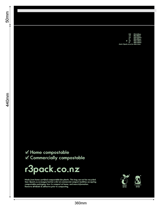Compostable Courier Bag Black COMBA3 360x440mm + Flap 100/pkt