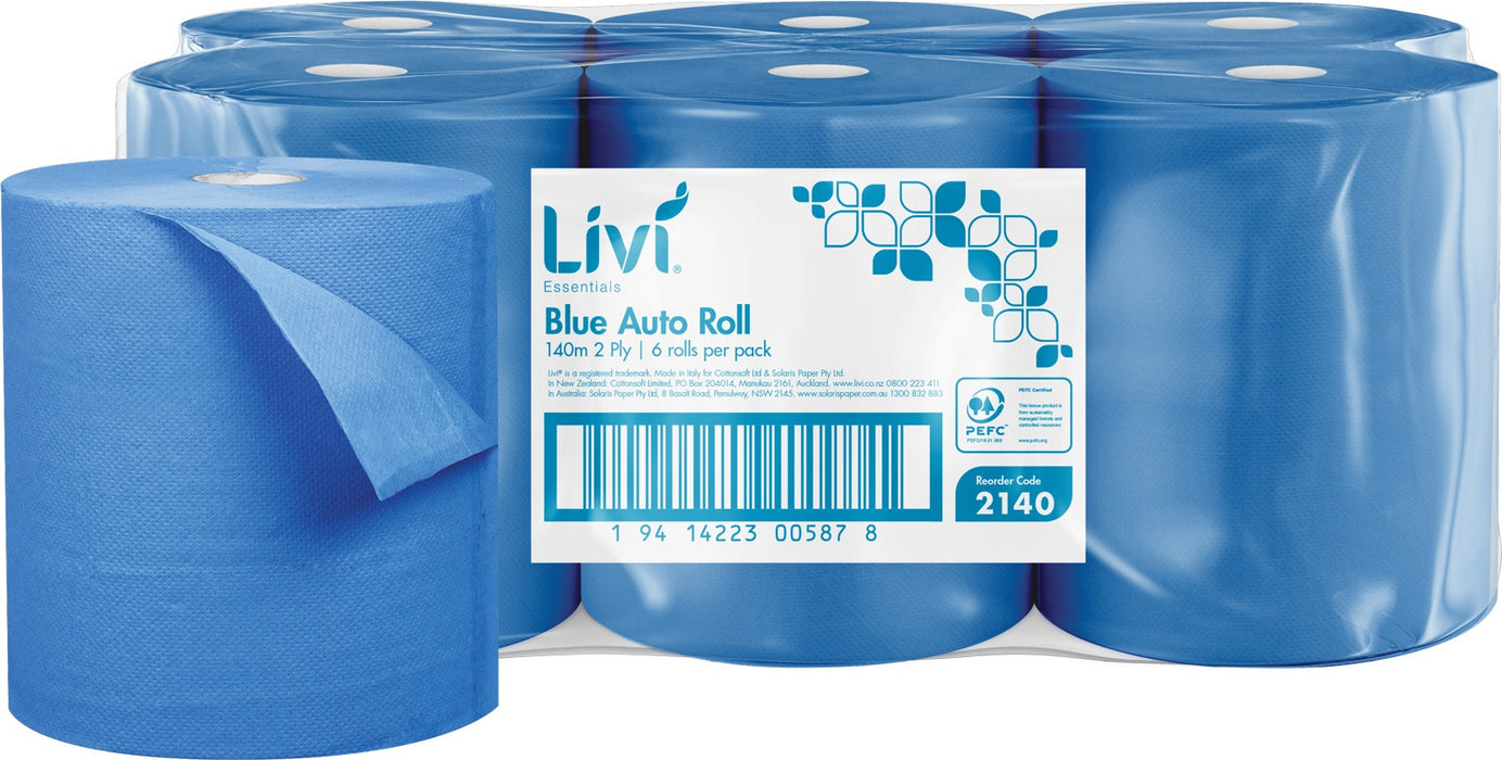 Livi 2140 Essentials Auto Roll 2 Ply Blue 140m/roll 6/ctn 30 ctns/plt