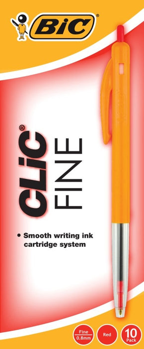 Bic Clic Ballpoint Pen Fine Red 10/pkt