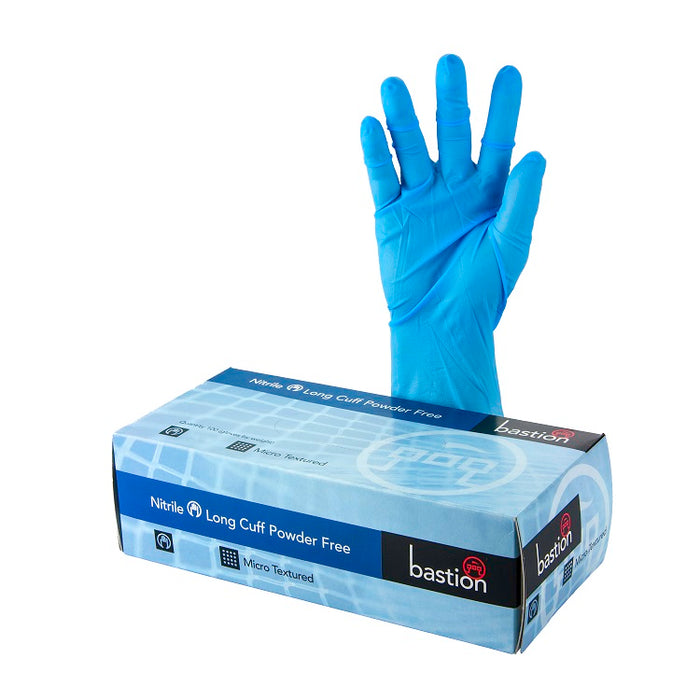 Bastion Powder Free Blue Nitrile 300mm Cuff Gloves Large 100/207 100/pkt 10 pkts/ctn