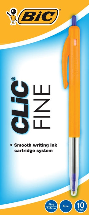 Bic Clic Ballpoint Pen Fine Blue 10/pkt