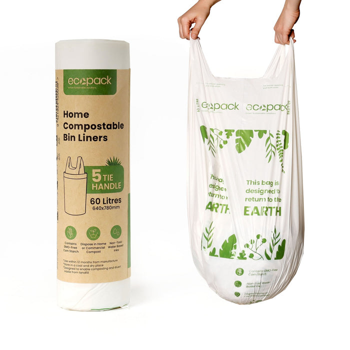 Ecopack Compostable Bin Liners POR 60L 640x950mm 30mu Natural 5/roll 30 rolls/ctn