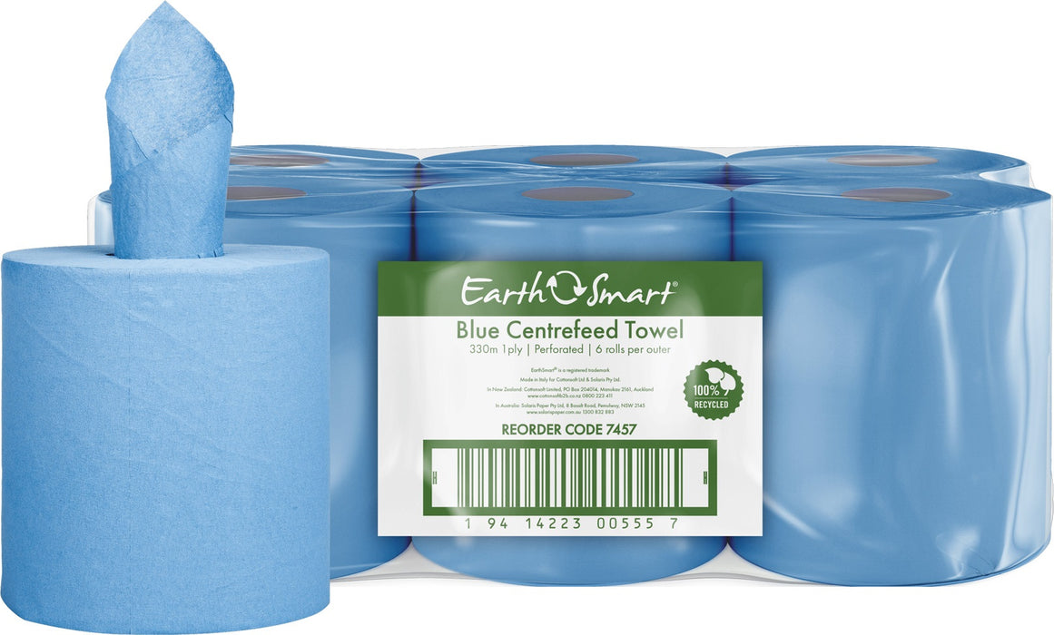Earthsmart 7457 100% Recycled C/feed Towel 300m 1ply Blue 6 rolls/ctn 30 ctns/pallet
